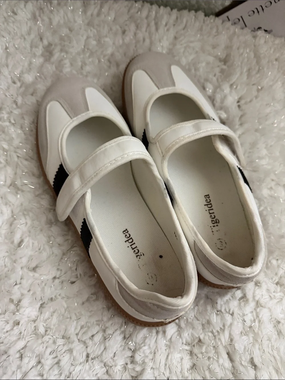 Casual Mary Jane Flats in White and Beige with Black Accent - Picture 4 of 5